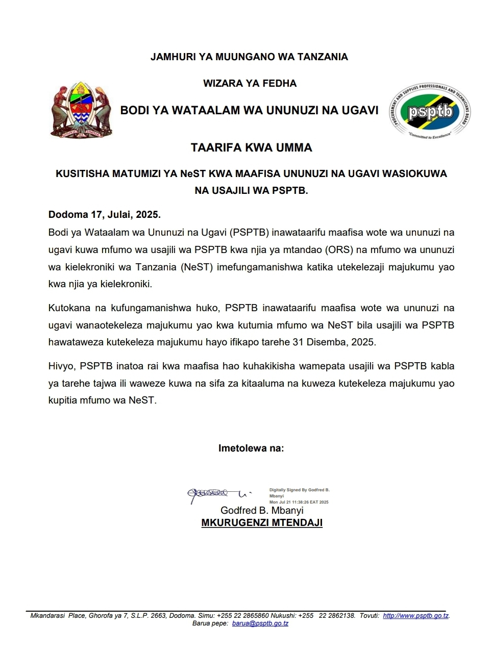 TAARIFA KWA UMMA
